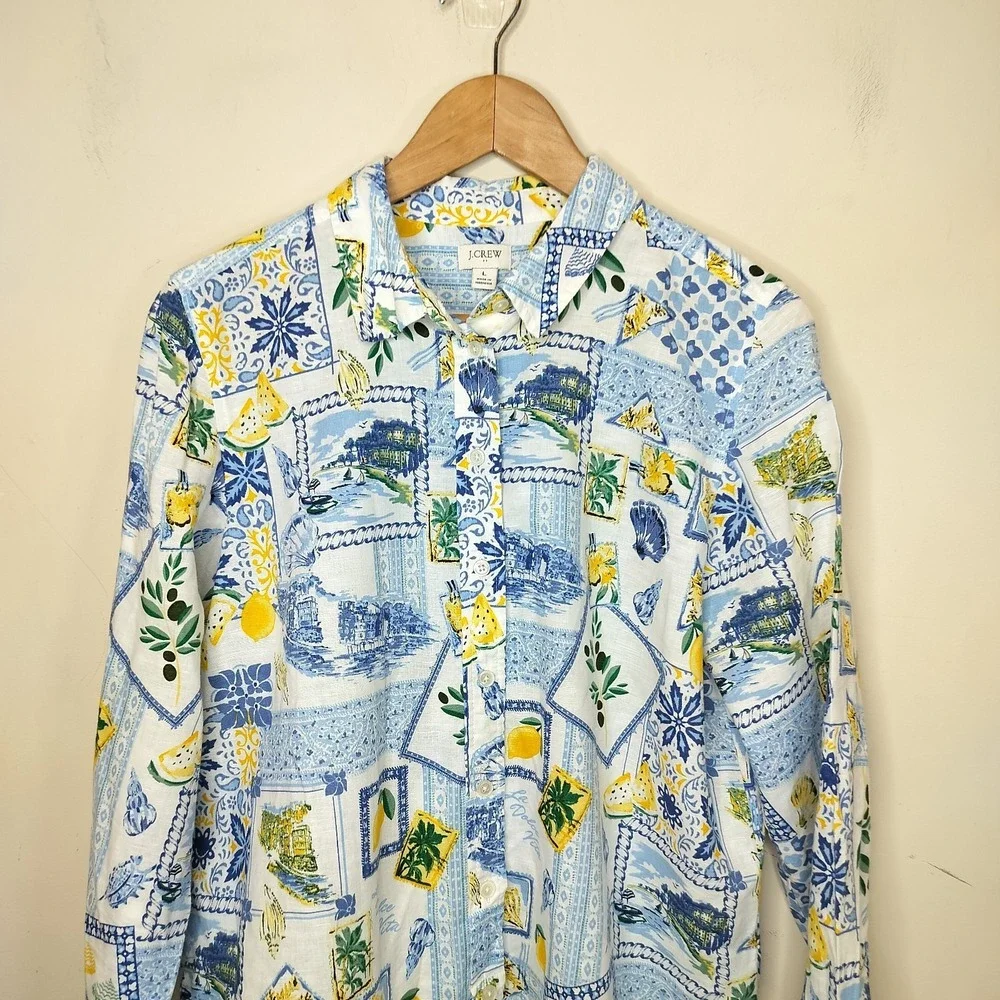 J. Crew Linen Blend Button Up Shirt Floral Lemon Patchwork Cheerful - Picture 2 of 11